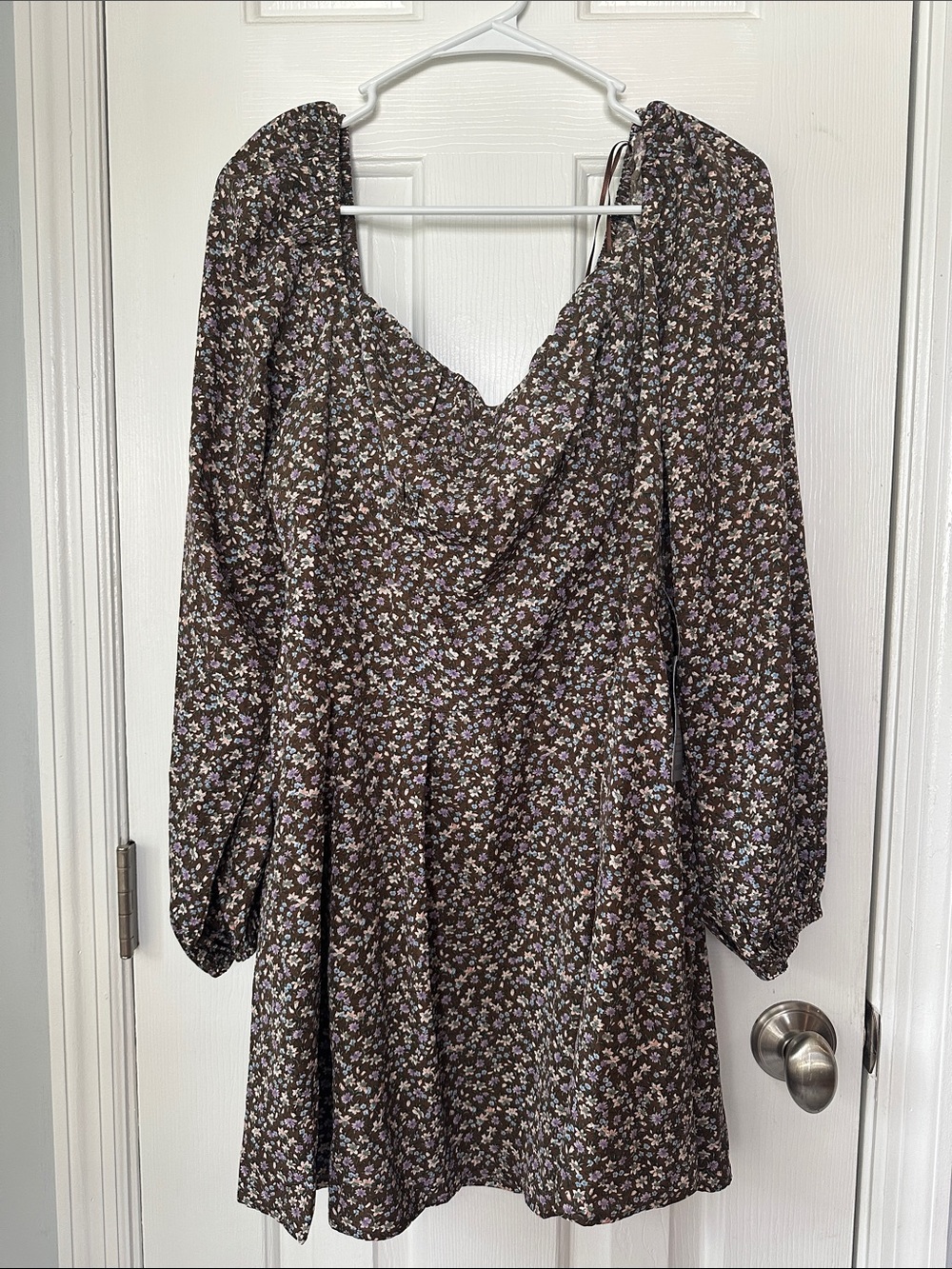 Lush Brown Floral Long-Sleeve Mini Dress